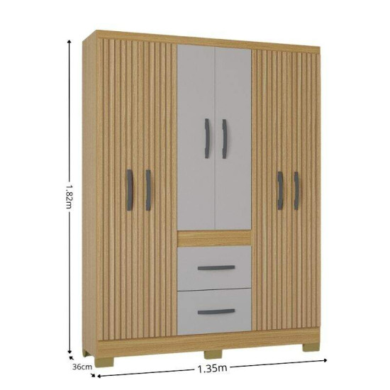 Guarda-roupa Solteiro 1,35m Mil�o Damasco/Off Ripado 6 Portas 2 Gavetas com P�s - Poquema