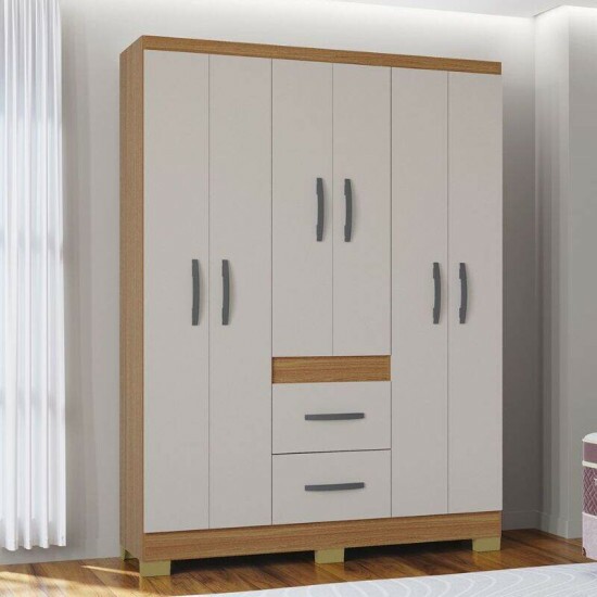 Guarda-roupa Solteiro 1,35m Mil�o Cinamomo/Off 6 Portas 2 Gavetas com P�s - Poquema