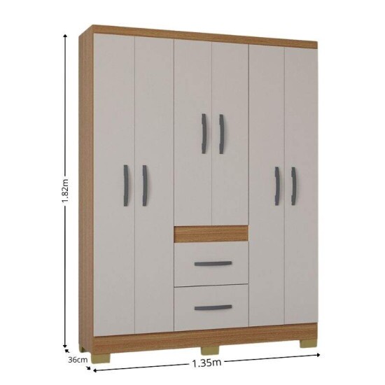 Guarda-roupa Solteiro 1,35m Mil�o Cinamomo/Off 6 Portas 2 Gavetas com P�s - Poquema