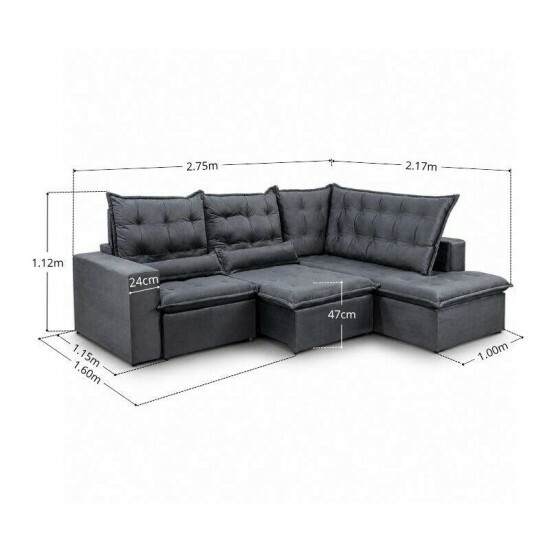 Sof� de Canto Retr�til Reclin�vel N�poles 2.75 m Veludo Grafite 213/05