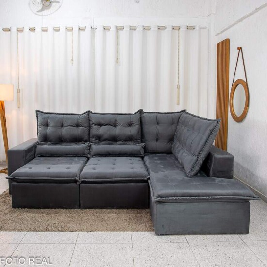 Sof� de Canto Retr�til Reclin�vel N�poles 2.75 m Veludo Grafite 213/05