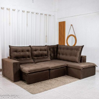 Sof� de Canto Retr�til Reclin�vel N�poles 2.75 m Veludo Marrom 204/06