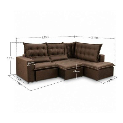 Sof� de Canto Retr�til Reclin�vel N�poles 2.75 m Veludo Marrom 204/06