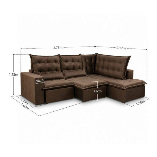 Sof� de Canto Retr�til Reclin�vel N�poles 2.75 m Veludo Marrom 204/06