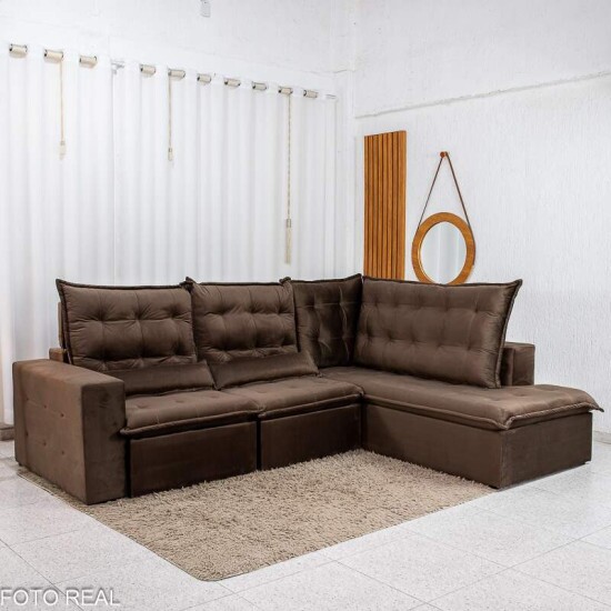 Sof� de Canto Retr�til Reclin�vel N�poles 2.75 m Veludo Marrom 204/06