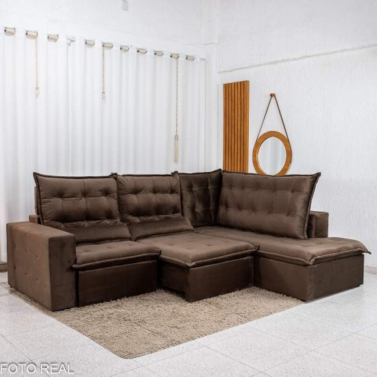 Sof� de Canto Retr�til Reclin�vel N�poles 2.75 m Veludo Marrom 204/06