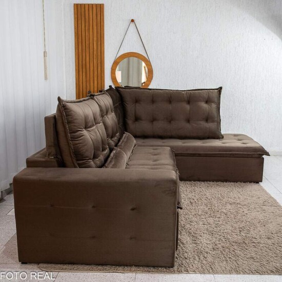 Sof� de Canto Retr�til Reclin�vel N�poles 2.75 m Veludo Marrom 204/06