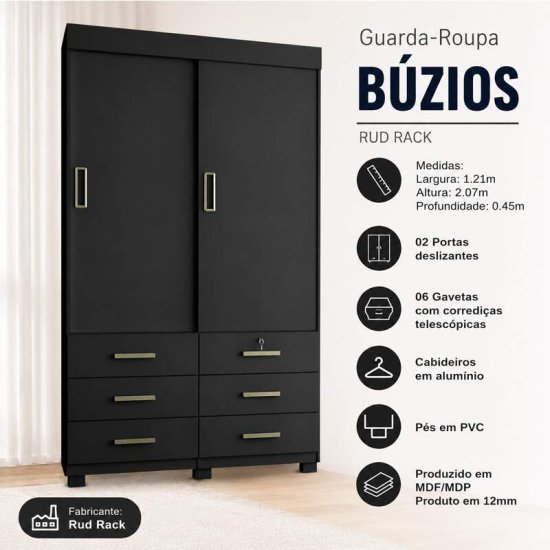 Guarda-roupa Solteiro 1,21m B�zios Preto 2 Portas 6 Gavetas - Rud Rack