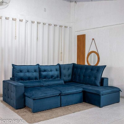 Sof� de Canto Retr�til Reclin�vel N�poles 2.75 m Veludo Azul 205/12