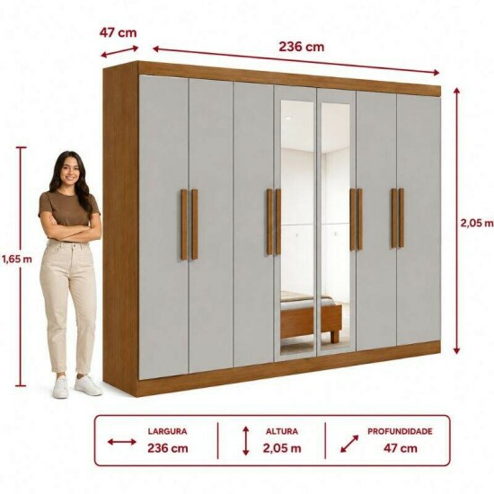 Guarda-roupa Casal 2.36m Andara Am�ndoa Clean/Off 8 Portas 4 Gavetas com Espelho - Lopas