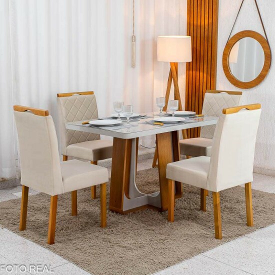 Mesa de Jantar Sintonia 120x80 Tampo Vidro Off Base Am�ndoa/Off Lopas + 4 Cadeiras Diamante Jolie Veludo Bege 100 WM Decor - Entregue Montada