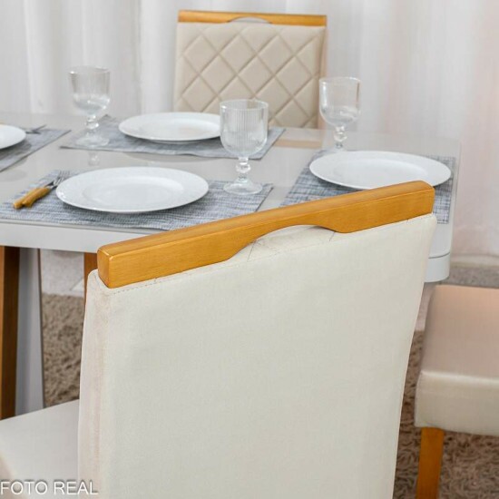 Mesa de Jantar Sintonia 120x80 Tampo Vidro Off Base Am�ndoa/Off Lopas + 4 Cadeiras Diamante Jolie Veludo Bege 100 WM Decor - Entregue Montada