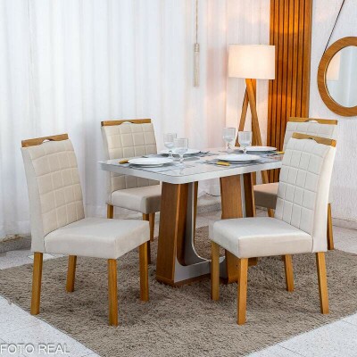 Mesa de Jantar Sintonia 120x80 Tampo Vidro Off Base Am�ndoa/Off Lopas + 4 Cadeiras Roma Jolie Veludo Bege 100 WM Decor - Entregue Montada