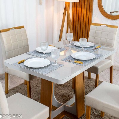 Mesa de Jantar Sintonia 120x80 Tampo Vidro Off Base Am�ndoa/Off Lopas + 4 Cadeiras Roma Jolie Veludo Bege 100 WM Decor - Entregue Montada