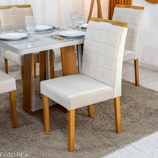 Mesa de Jantar Sintonia 120x80 Tampo Vidro Off Base Am�ndoa/Off Lopas + 4 Cadeiras Roma Jolie Veludo Bege 100 WM Decor - Entregue Montada