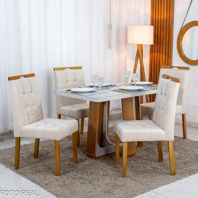 Mesa de Jantar Sintonia 120x80 Tampo Vidro Off Base Am�ndoa/Off Lopas + 4 Cadeiras Sophia Linho Bege 200 WM Decor - Entregue Montada