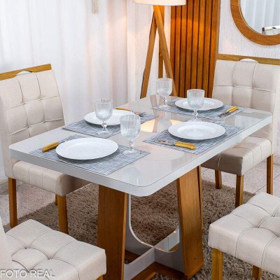 Mesa de Jantar Sintonia 120x80 Tampo Vidro Off Base Am�ndoa/Off Lopas + 4 Cadeiras Sophia Linho Bege 200 WM Decor - Entregue Montada
