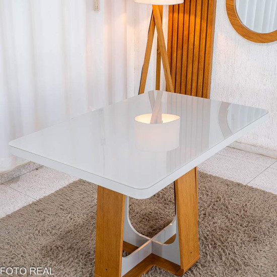 Mesa de Jantar Sintonia 120x80 Tampo Vidro Off Base Am�ndoa/Off Lopas + 4 Cadeiras Sophia Linho Bege 200 WM Decor - Entregue Montada