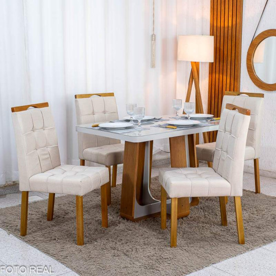 Mesa de Jantar Sintonia 120x80 Tampo Vidro Off Base Am�ndoa/Off Lopas + 4 Cadeiras Sophia Linho Bege 200 WM Decor - Entregue Montada