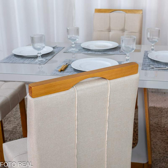 Mesa de Jantar Sintonia 120x80 Tampo Vidro Off Base Am�ndoa/Off Lopas + 4 Cadeiras Sophia Linho Bege 200 WM Decor - Entregue Montada