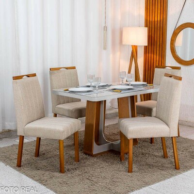 Mesa de Jantar Sintonia 120x80 Tampo Vidro Off Base Am�ndoa/Off Lopas + 4 Cadeiras Isabela Linho Bege 01 KM Decor - Entregue Montada