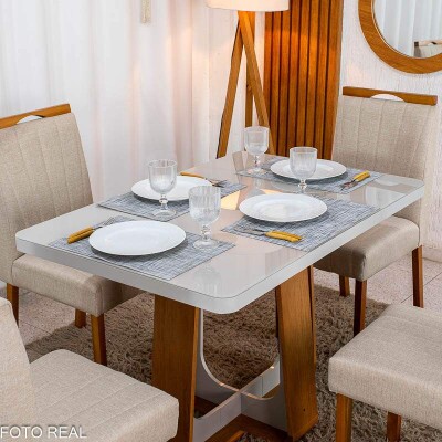 Mesa de Jantar Sintonia 120x80 Tampo Vidro Off Base Am�ndoa/Off Lopas + 4 Cadeiras Isabela Linho Bege 01 KM Decor - Entregue Montada