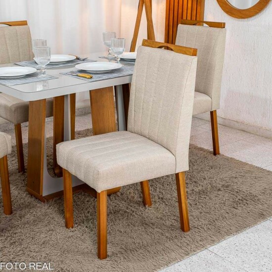 Mesa de Jantar Sintonia 120x80 Tampo Vidro Off Base Am�ndoa/Off Lopas + 4 Cadeiras Isabela Linho Bege 01 KM Decor - Entregue Montada