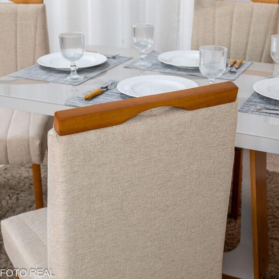Mesa de Jantar Sintonia 120x80 Tampo Vidro Off Base Am�ndoa/Off Lopas + 4 Cadeiras Isabela Linho Bege 01 KM Decor - Entregue Montada