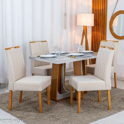 Mesa de Jantar Sintonia 120x80 Tampo Vidro Off Base Am�ndoa Off Lopas + 4 Cadeiras Gabi Linho Bege Claro A Bom Lar - Entregue Montada