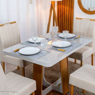 Mesa de Jantar Sintonia 120x80 Tampo Vidro Off Base Am�ndoa Off Lopas + 4 Cadeiras Gabi Linho Bege Claro A Bom Lar - Entregue Montada