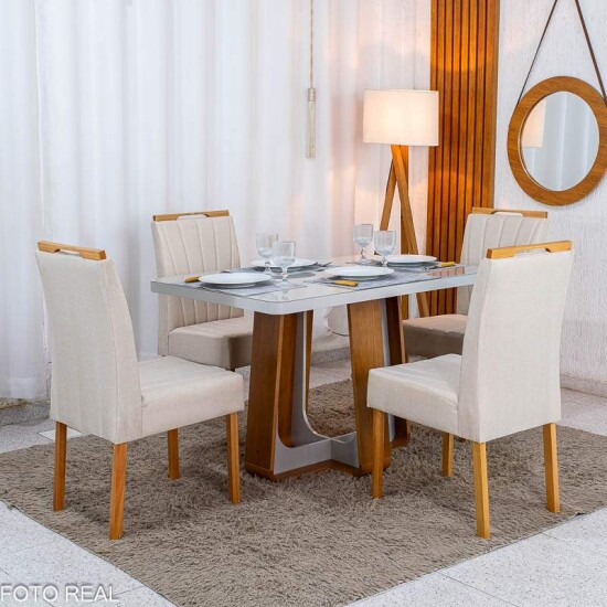 Mesa de Jantar Sintonia 120x80 Tampo Vidro Off Base Am�ndoa Off Lopas + 4 Cadeiras Gabi Linho Bege Claro A Bom Lar - Entregue Montada