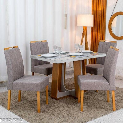 Mesa de Jantar Sintonia 120x80 Tampo Vidro Off Base Am�ndoa Off Lopas + 4 Cadeiras Gabi Linho Marrom Bom Lar - Entregue Montada