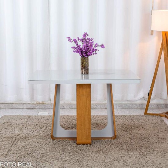 Mesa de Jantar Sintonia 120x80 Tampo Vidro Off Base Am�ndoa Off Lopas + 4 Cadeiras Gabi Linho Marrom Bom Lar - Entregue Montada