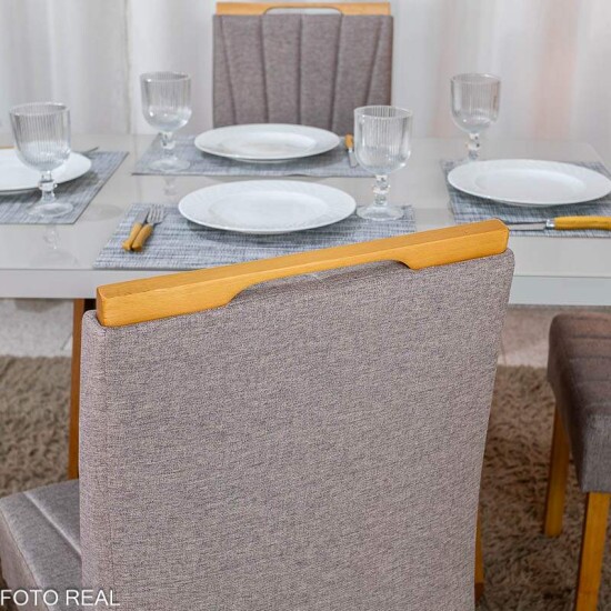 Mesa de Jantar Sintonia 120x80 Tampo Vidro Off Base Am�ndoa Off Lopas + 4 Cadeiras Gabi Linho Marrom Bom Lar - Entregue Montada