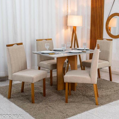 Mesa de Jantar Madrid 120x80 Vidro Off Base MDF Minas Plac + 4 Cadeiras Isabela Linho Bege 01 KM Decor - Entregue Montada