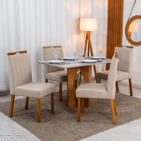 Mesa de Jantar Madrid 120x80 Vidro Off Base MDF Minas Plac + 4 Cadeiras Isabela Linho Bege 01 KM Decor - Entregue Montada