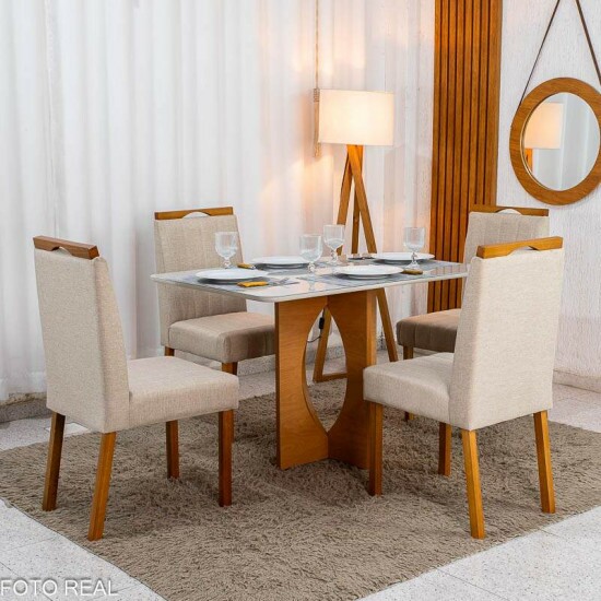 Mesa de Jantar Madrid 120x80 Vidro Off Base MDF Minas Plac + 4 Cadeiras Isabela Linho Bege 01 KM Decor - Entregue Montada