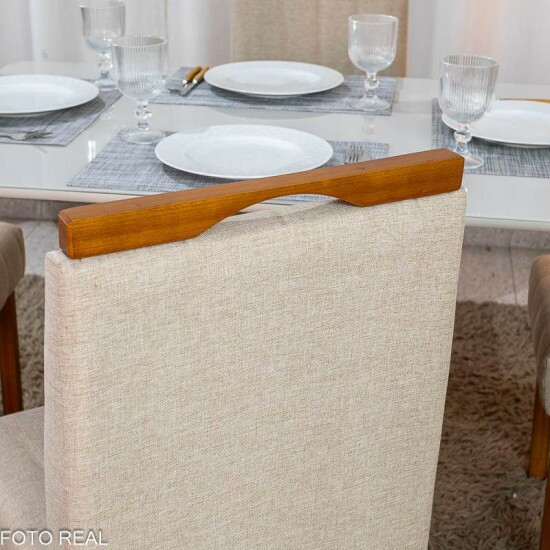 Mesa de Jantar Madrid 120x80 Vidro Off Base MDF Minas Plac + 4 Cadeiras Isabela Linho Bege 01 KM Decor - Entregue Montada
