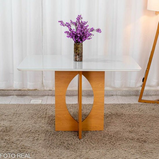Mesa de Jantar Madrid 120x80 Vidro Off Base MDF Minas Plac + 4 Cadeiras Isabela Linho Bege 01 KM Decor - Entregue Montada