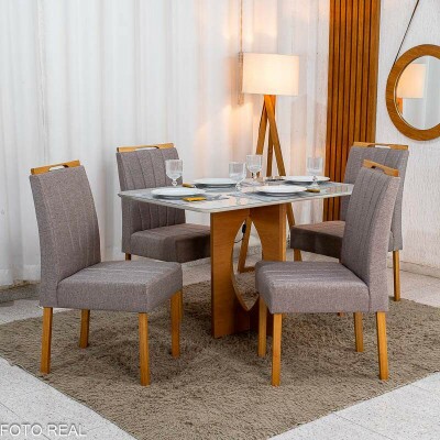 Mesa de Jantar Madrid 120x80 Vidro Off Base MDF Minas Plac + 4 Cadeiras Gabi Linho Marrom Bom Lar - Entregue Montada