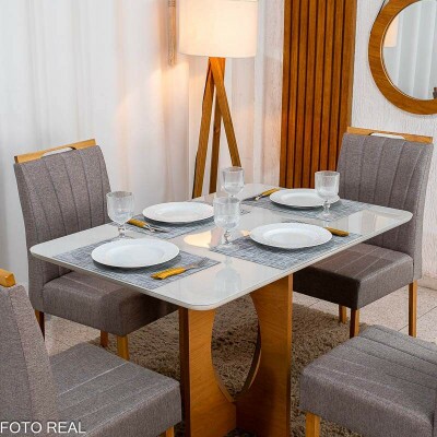 Mesa de Jantar Madrid 120x80 Vidro Off Base MDF Minas Plac + 4 Cadeiras Gabi Linho Marrom Bom Lar - Entregue Montada