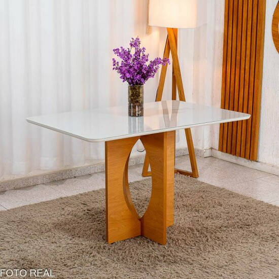 Mesa de Jantar Madrid 120x80 Vidro Off Base MDF Minas Plac + 4 Cadeiras Gabi Linho Marrom Bom Lar - Entregue Montada