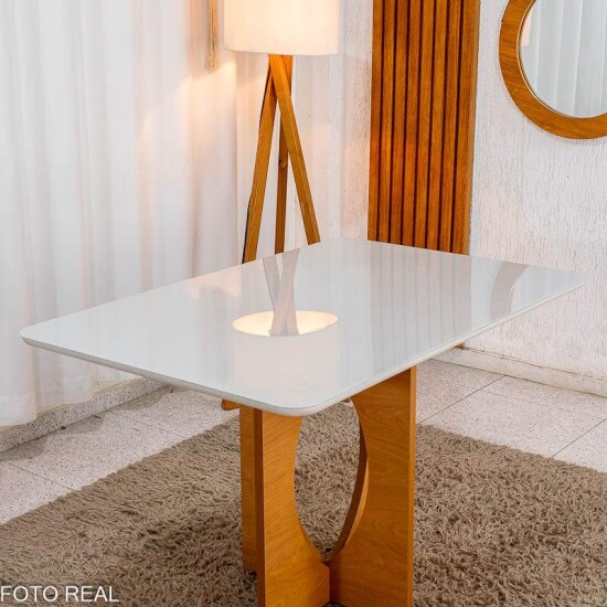 Mesa de Jantar Madrid 120x80 Vidro Off Base MDF Minas Plac + 4 Cadeiras Gabi Linho Marrom Bom Lar - Entregue Montada