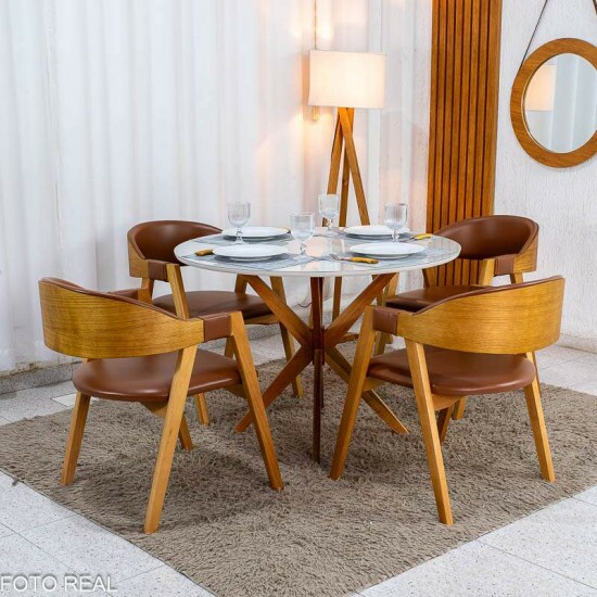 Mesa de Jantar Vegas Redonda 1,10m Vidro Off Base Madeira Minas Plac + 4 Cadeiras Gaia Corino Caramelo 300 Prensar