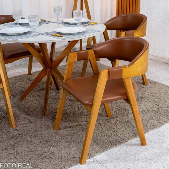 Mesa de Jantar Vegas Redonda 1,10m Vidro Off Base Madeira Minas Plac + 4 Cadeiras Gaia Corino Caramelo 300 Prensar