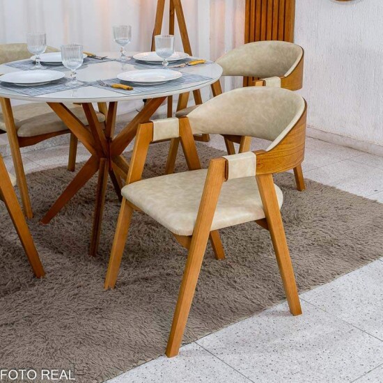 Mesa de Jantar Vegas Redonda 1,10m Vidro Off Base Madeira Minas Plac + 4 Cadeiras Gaia Corino Creme 307 Prensar