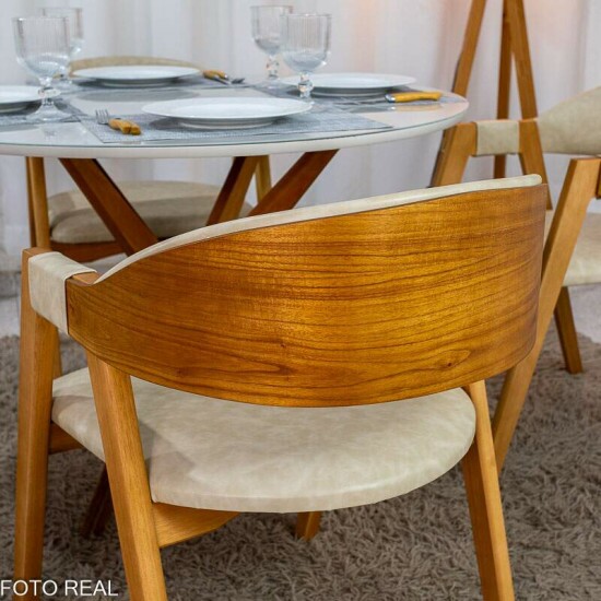 Mesa de Jantar Vegas Redonda 1,10m Vidro Off Base Madeira Minas Plac + 4 Cadeiras Gaia Corino Creme 307 Prensar