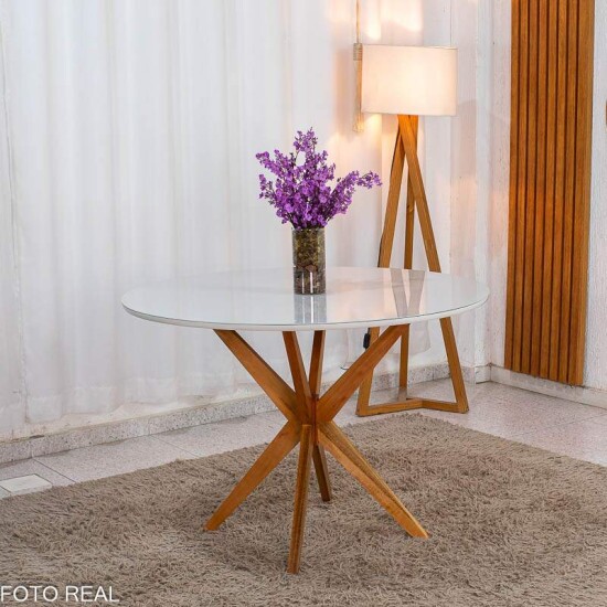 Mesa de Jantar Vegas Redonda 1,10m Vidro Off Base Madeira Minas Plac + 4 Cadeiras Gaia Corino Creme 307 Prensar