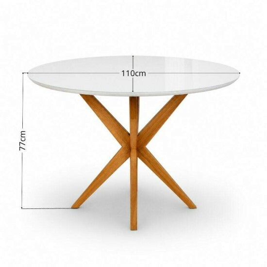 Mesa de Jantar Vegas Redonda 1,10m Vidro Off Base Madeira Minas Plac + 4 Cadeiras Gaia Corino Creme 307 Prensar