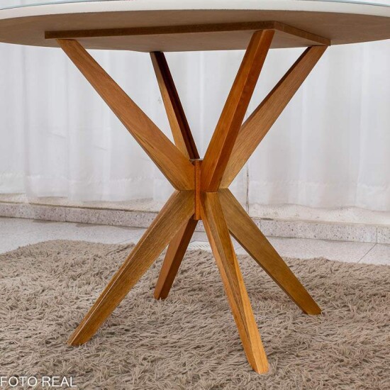 Mesa de Jantar Vegas Redonda 1,10m Vidro Off Base Madeira Minas Plac + 4 Cadeiras Gaia Corino Creme 307 Prensar